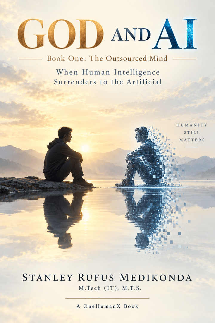 Cover of GOD AND AI, Book One: The Outsourced Mind. A man sits at sunrise on a shoreline, facing his own reflection reimagined as a dissolving, pixelated digital figure across the still water.